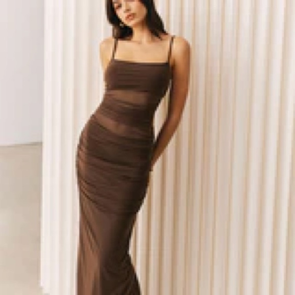 NWT The Commense Elegant Brown Maxi Semi-sheer Mesh Ruched Bodycon Dress Sz L